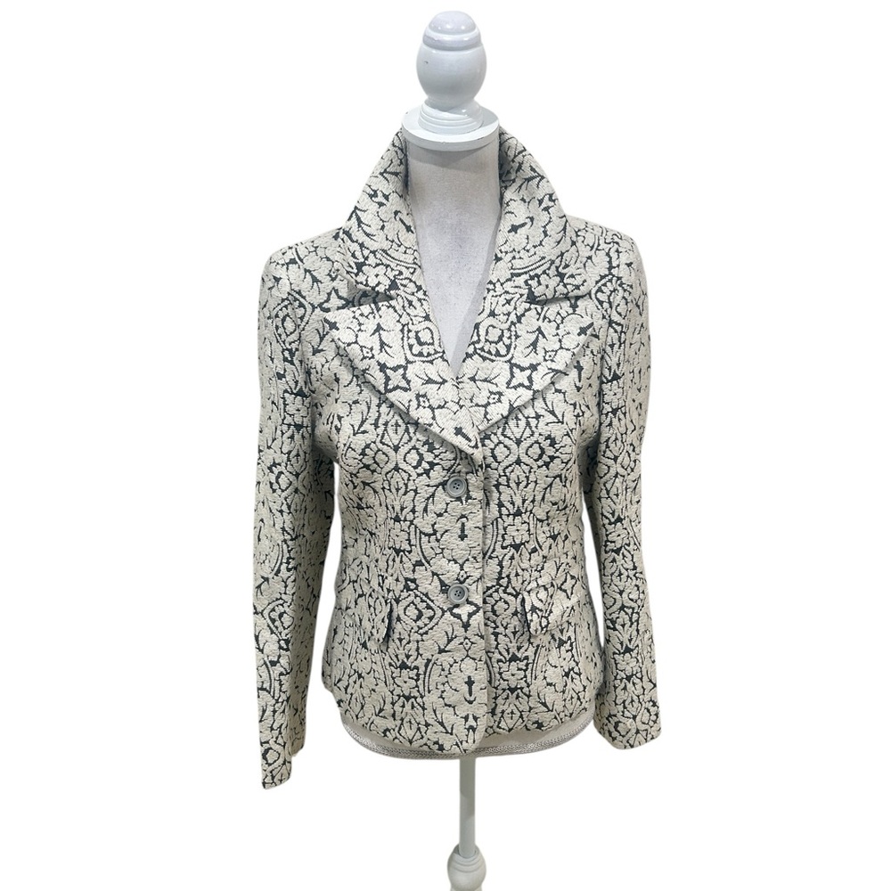 Talbots Cream & Black Patterned stretchy Boucle Blazer notched collar size 6